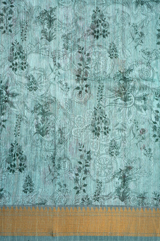 Floral And Leaf Digital Printed Mint Green Linen Saree