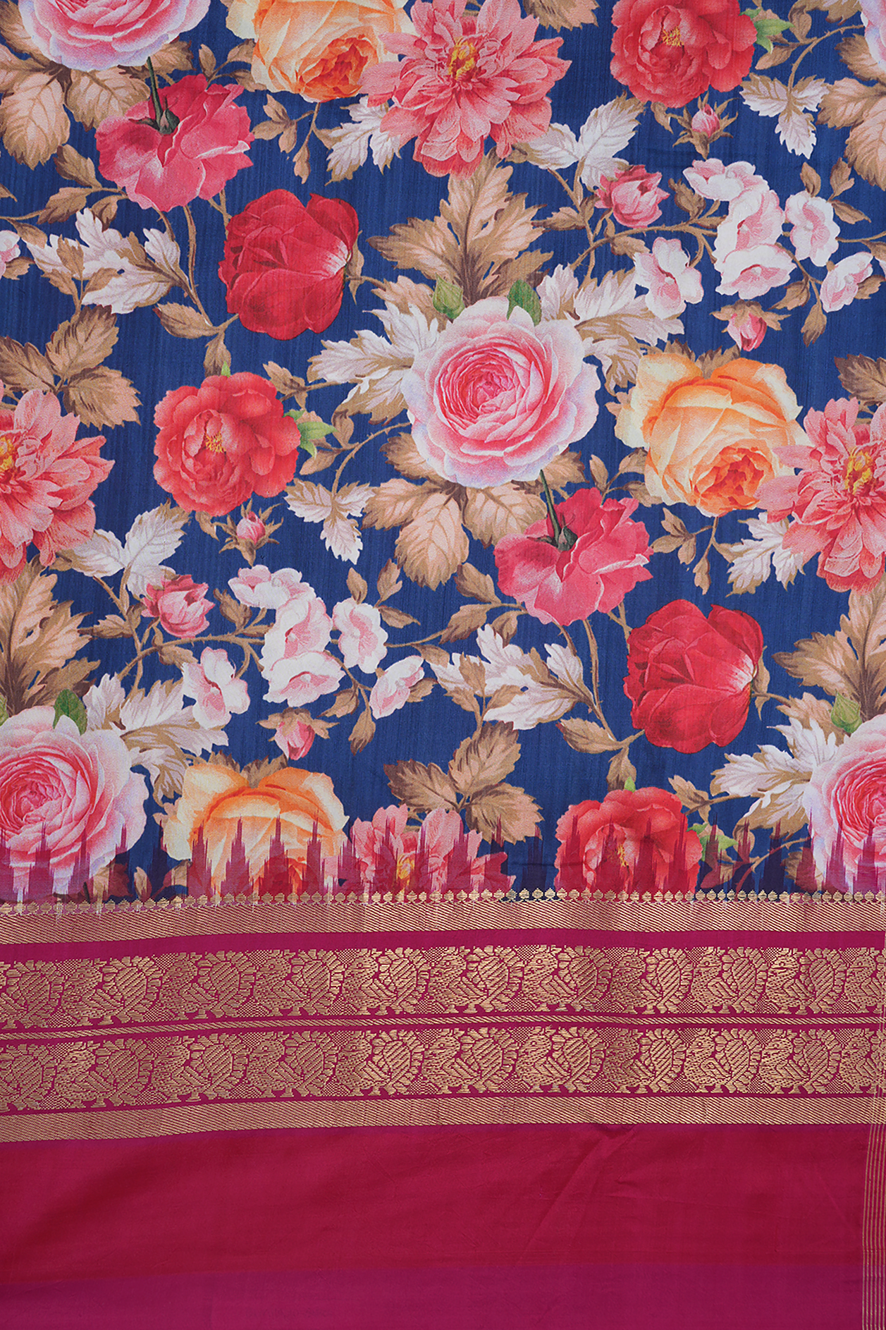 Floral Digital Printed Navy Blue Kanchipuram Silk Saree