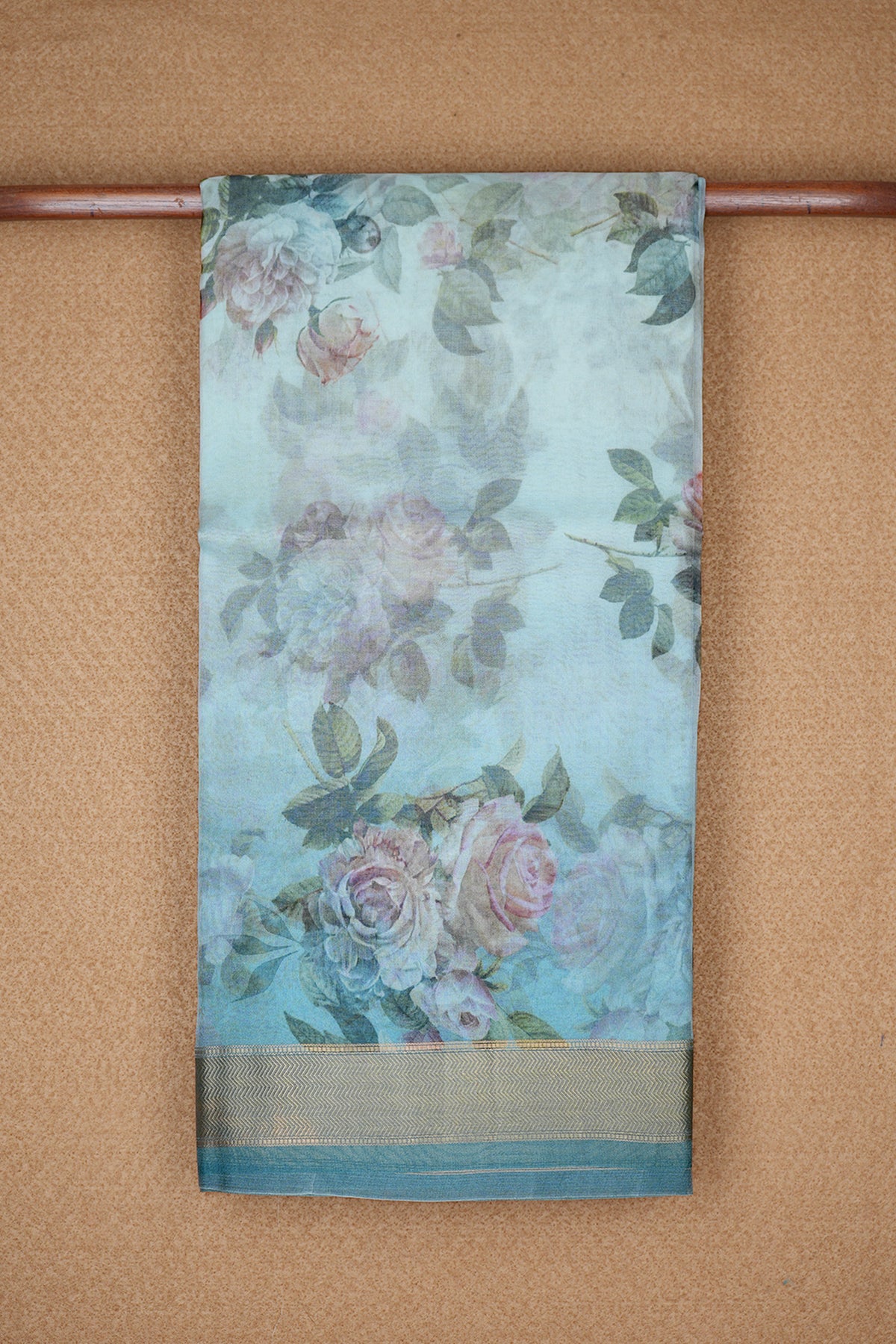 Floral Digital Printed Pastel Blue Organza Saree