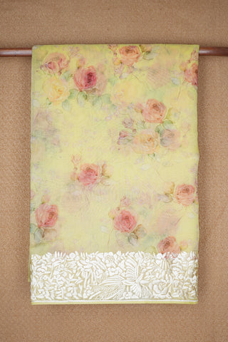 Floral Digital Printed Pastel Yellow Organza Saree
