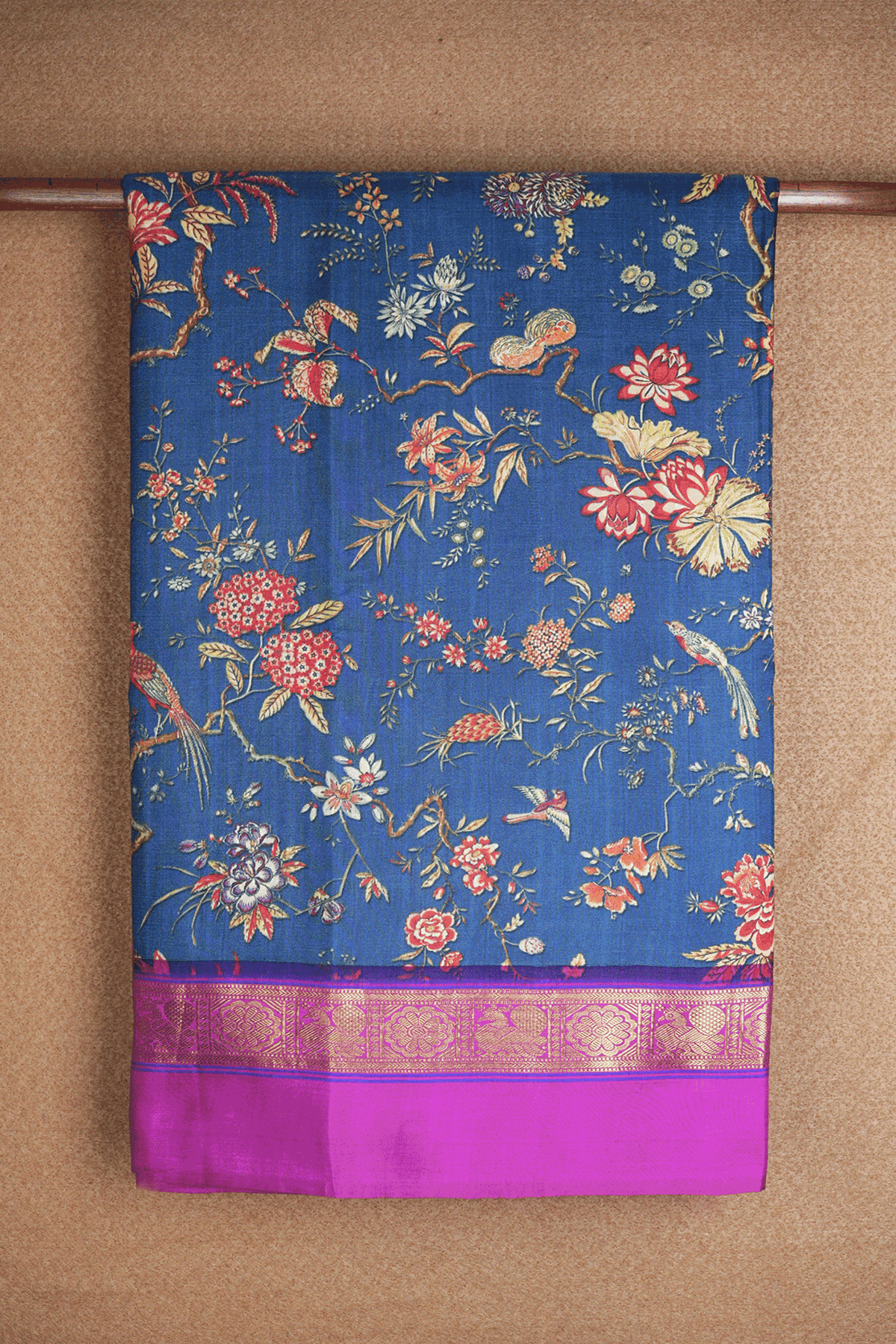 Floral Screen Printed Pigeon Blue Kanchipuram Silk Saree