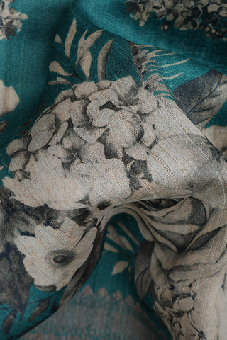 Floral Printed Pine Green Tussar Banarasi Silk Saree