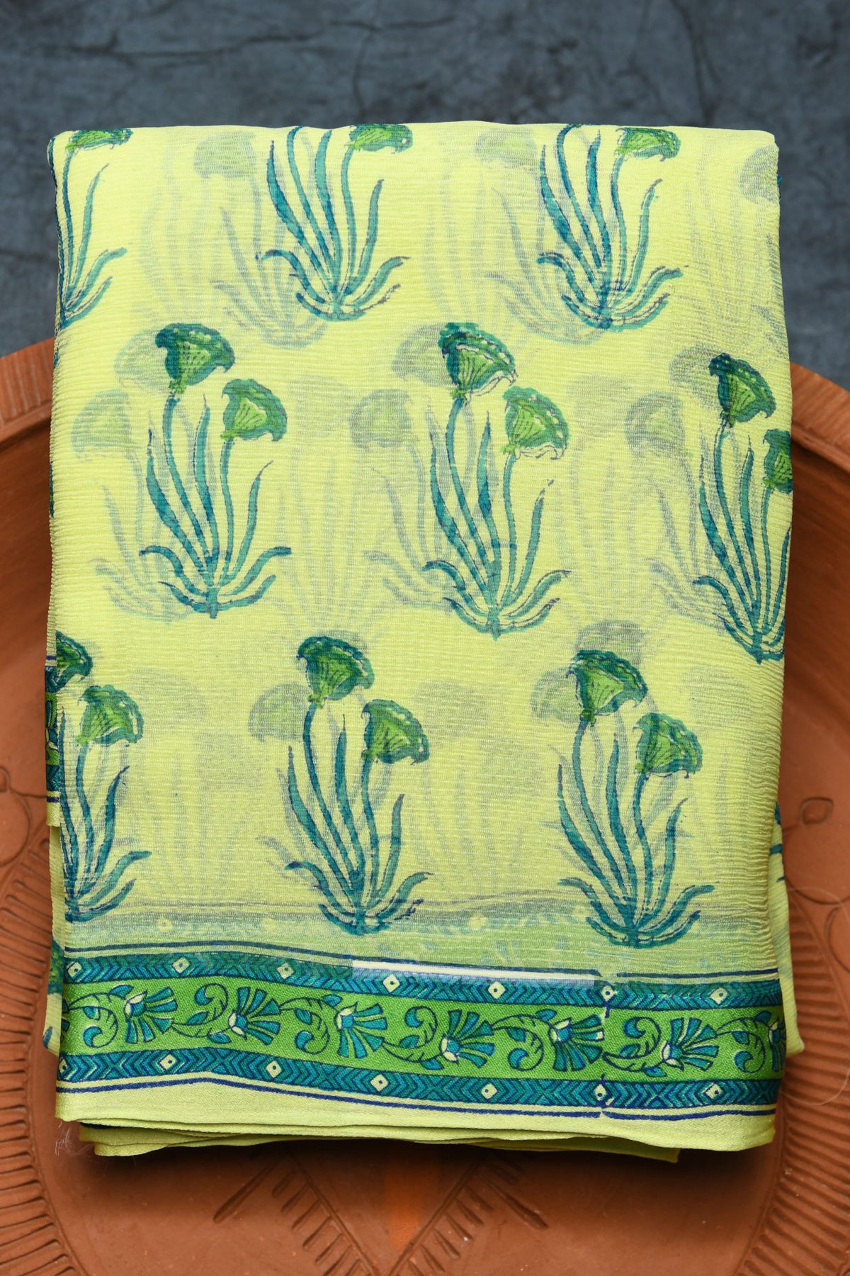 Floral Digital Printed Soft Green Chiffon Saree
