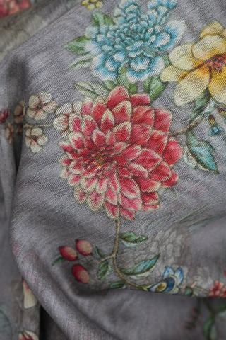 Floral Digital Printed Steel Grey Chanderi Silk Cotton Saree