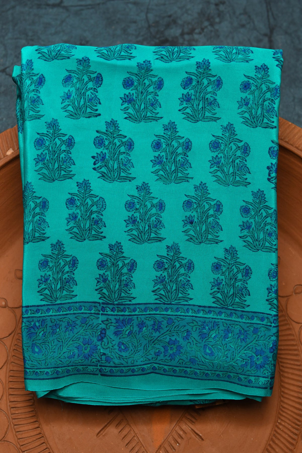 Floral Digital Printed Teal Green Crepe Silk Saree