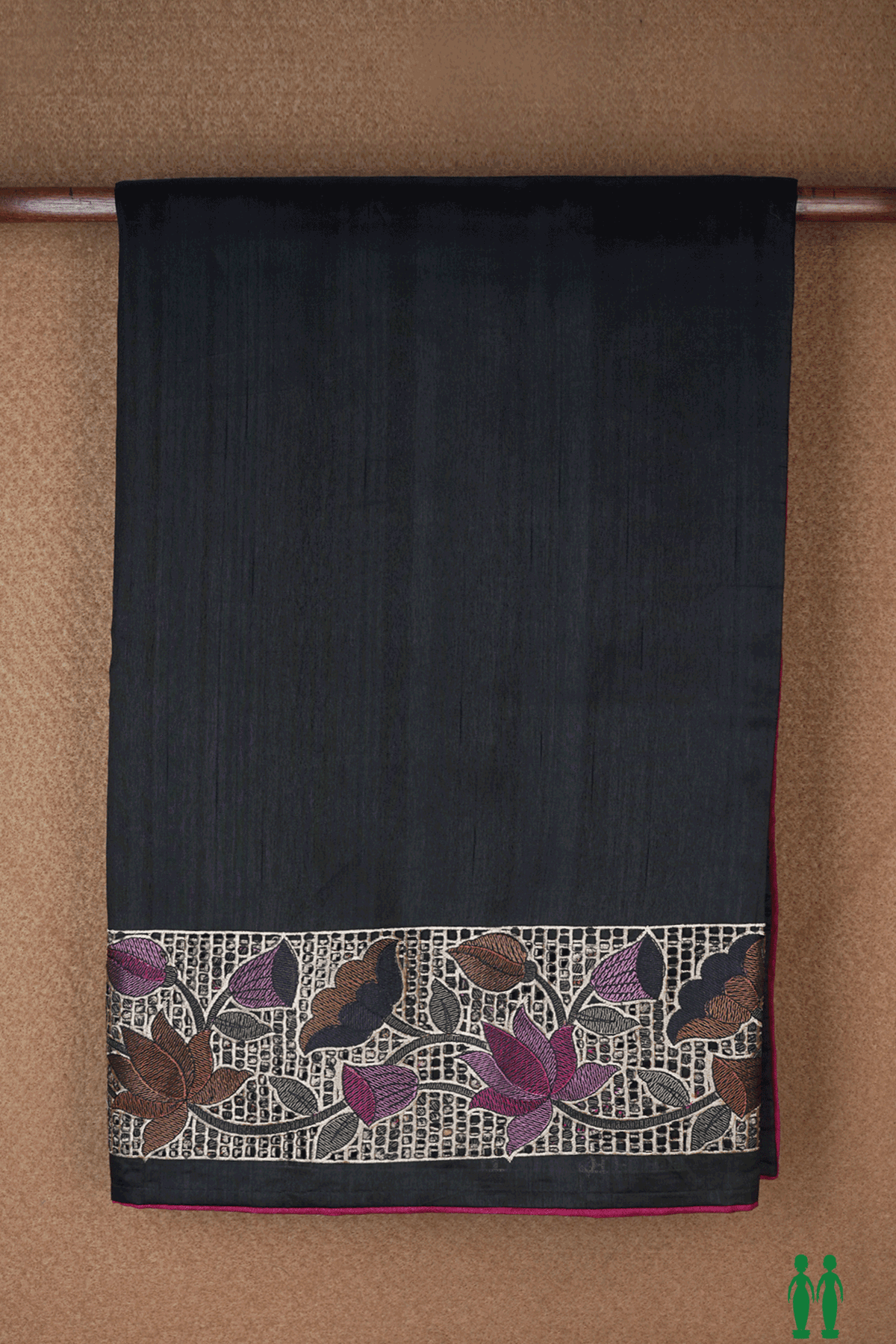Floral Embroidered Border Plain Black Semi Tussar Silk Saree