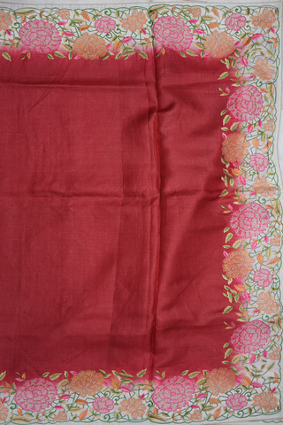 Floral Embroidered Border Plain Crimson Red Tussar Silk Saree