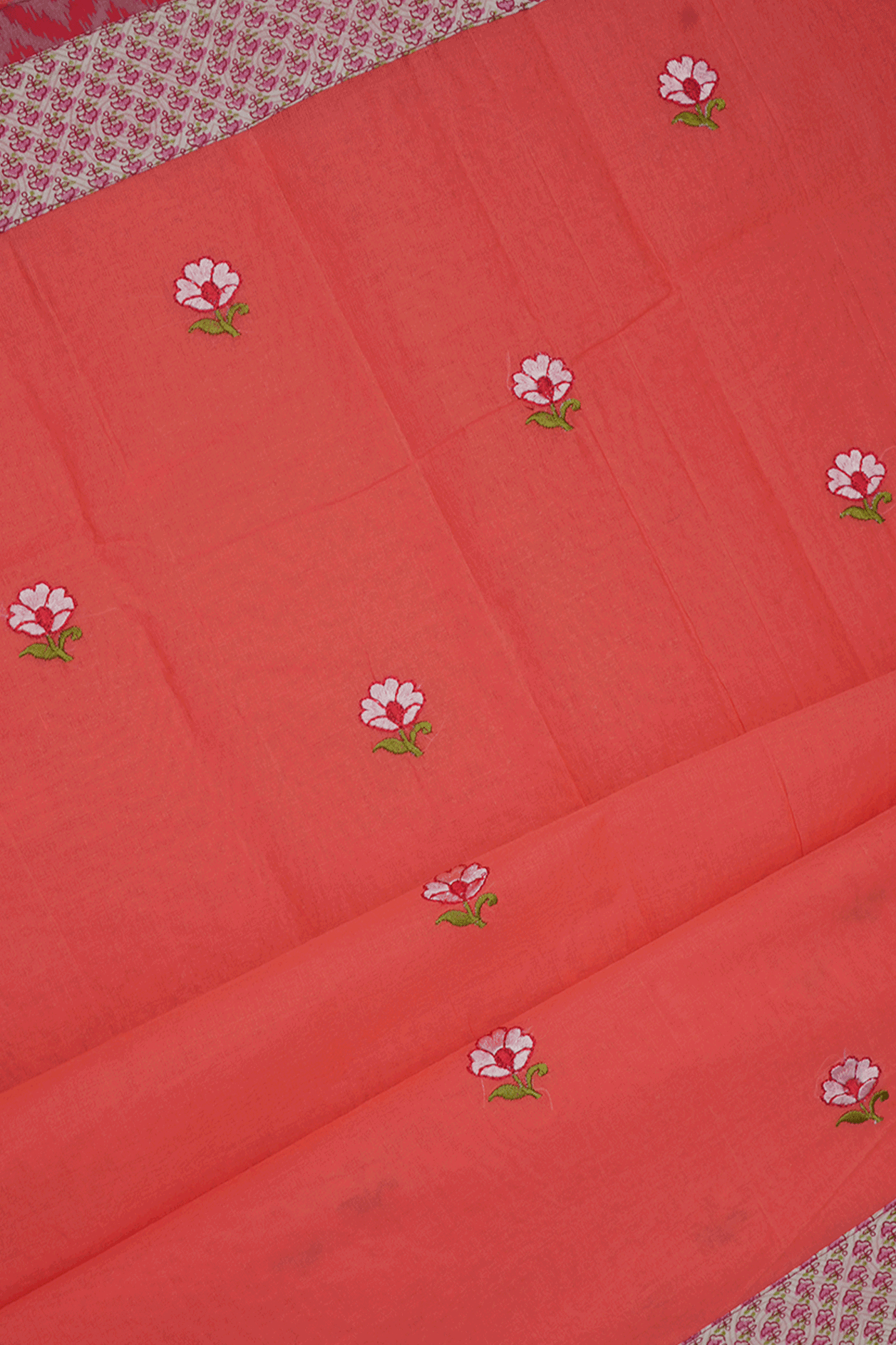 Floral Embroidered Buttas Coral Red Ahmedabad Cotton Saree