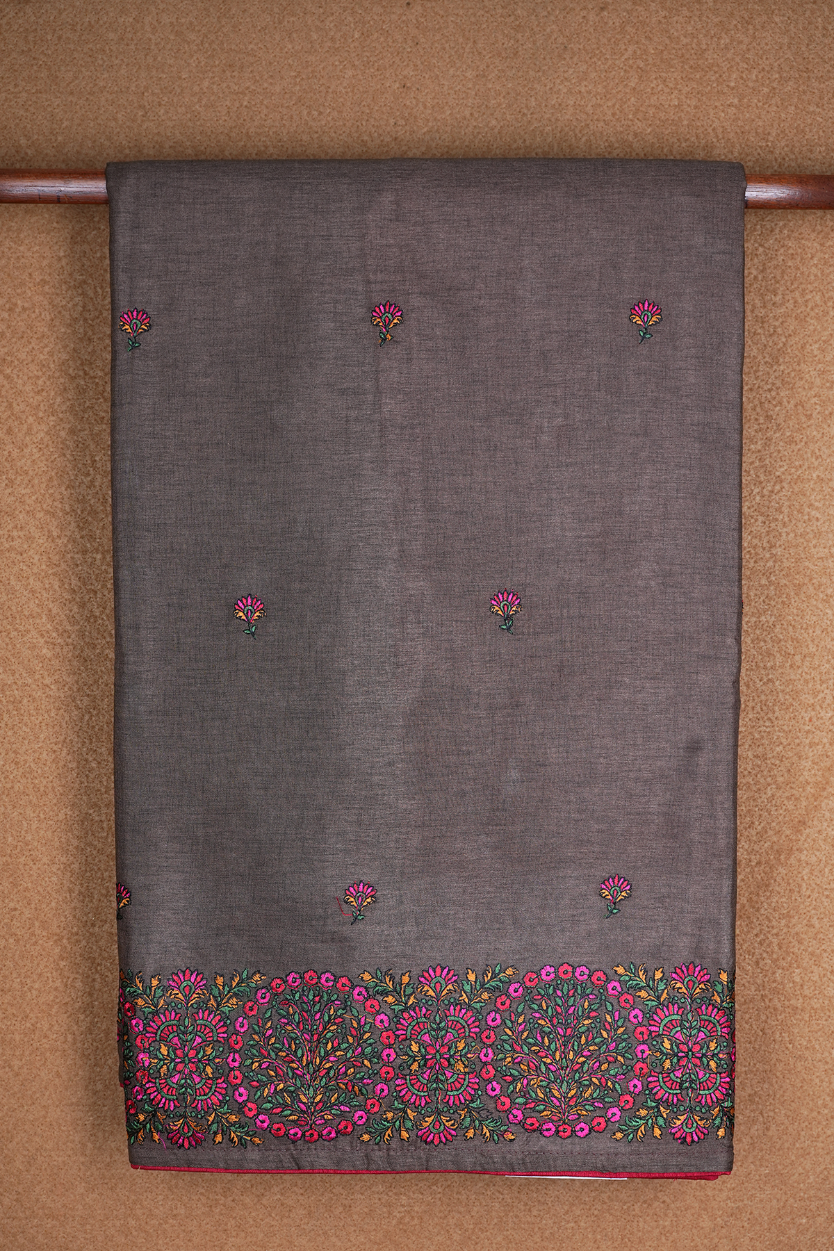 Floral Embroidered Butta Oxford Brown Semi Tussar Silk Saree