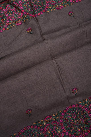 Floral Embroidered Butta Oxford Brown Semi Tussar Silk Saree