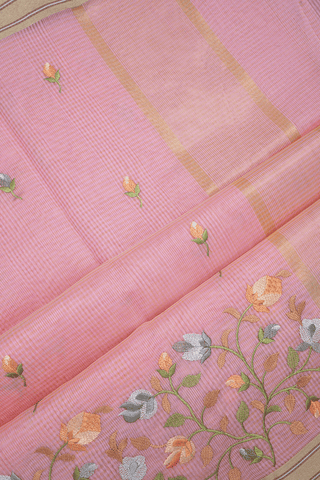 Floral Embroidered Buttas Pastel Pink Kota Cotton Saree
