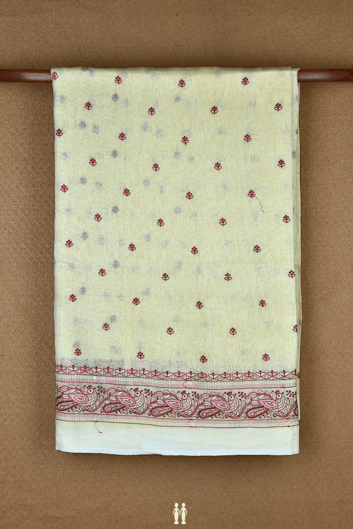 Floral Embroidered Buttis Pale Yellow Linen Saree
