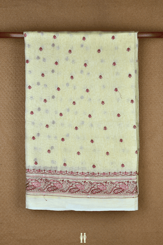Floral Embroidered Buttis Pale Yellow Linen Saree