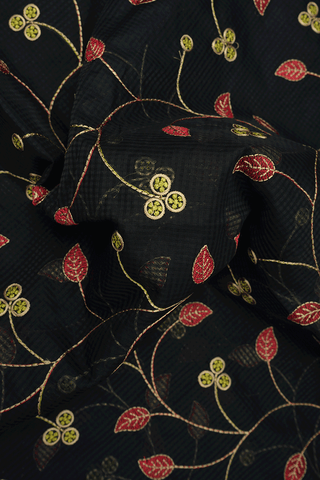 Floral Embroidered Design Black Kota Cotton Saree
