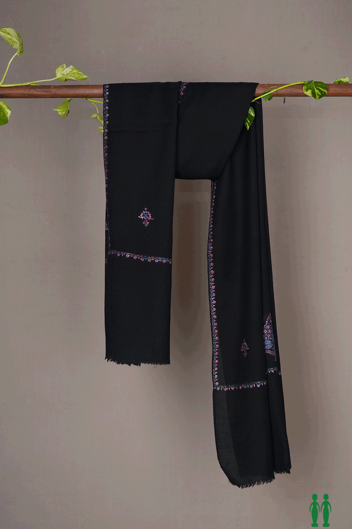 Floral Embroidered Design Black Woolen Shawl