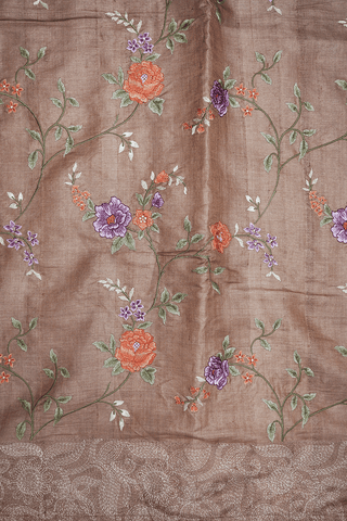 Floral Embroidered Design Cocoa Brown Tussar Silk Saree