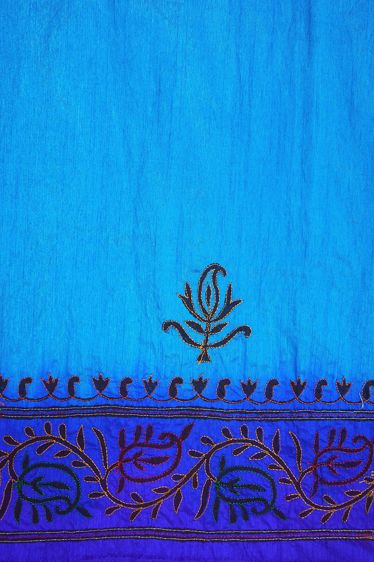 Floral Embroidered Design Deep Sky Blue Raw Silk Saree