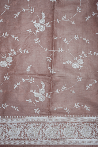 Floral Embroidered Design Dusty Brown Tussar Silk Saree