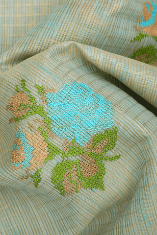 Floral Embroidered Design Green Beige Kota Cotton Saree
