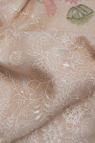 Floral Embroidered Design Light Tan Organza Silk Saree
