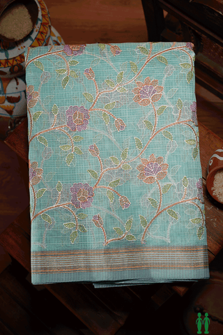 Floral Embroidered Design Mint Blue Kota Cotton Saree