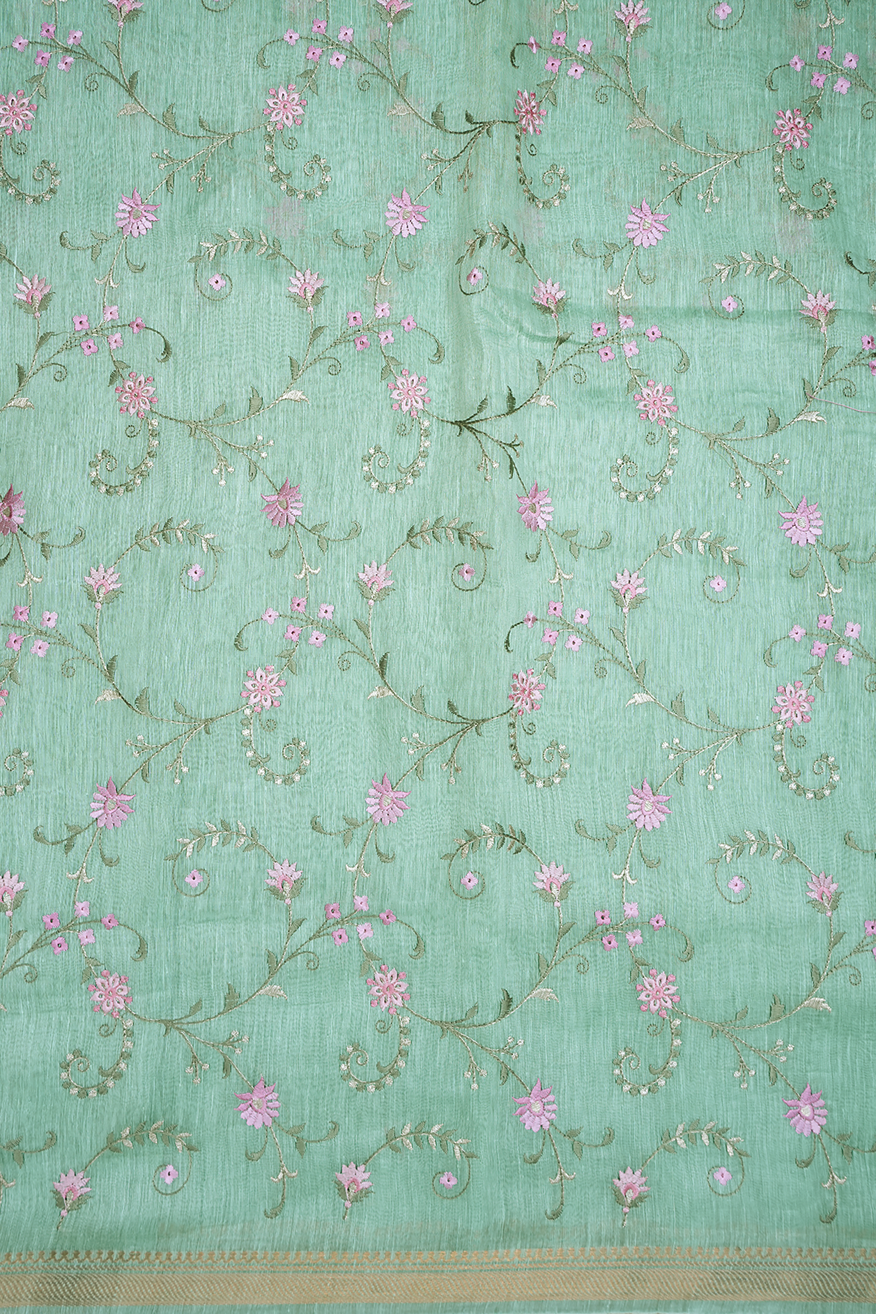 Floral Embroidered Design Mint Green Linen Saree