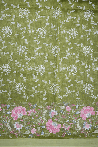 Floral Embroidered Design Moss Green Linen Saree