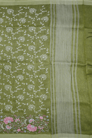 Floral Embroidered Design Moss Green Linen Saree