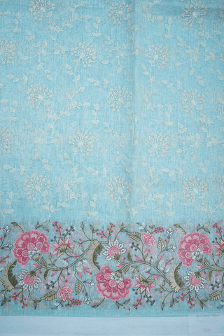 Floral Embroidered Design Pastel Blue Linen Saree
