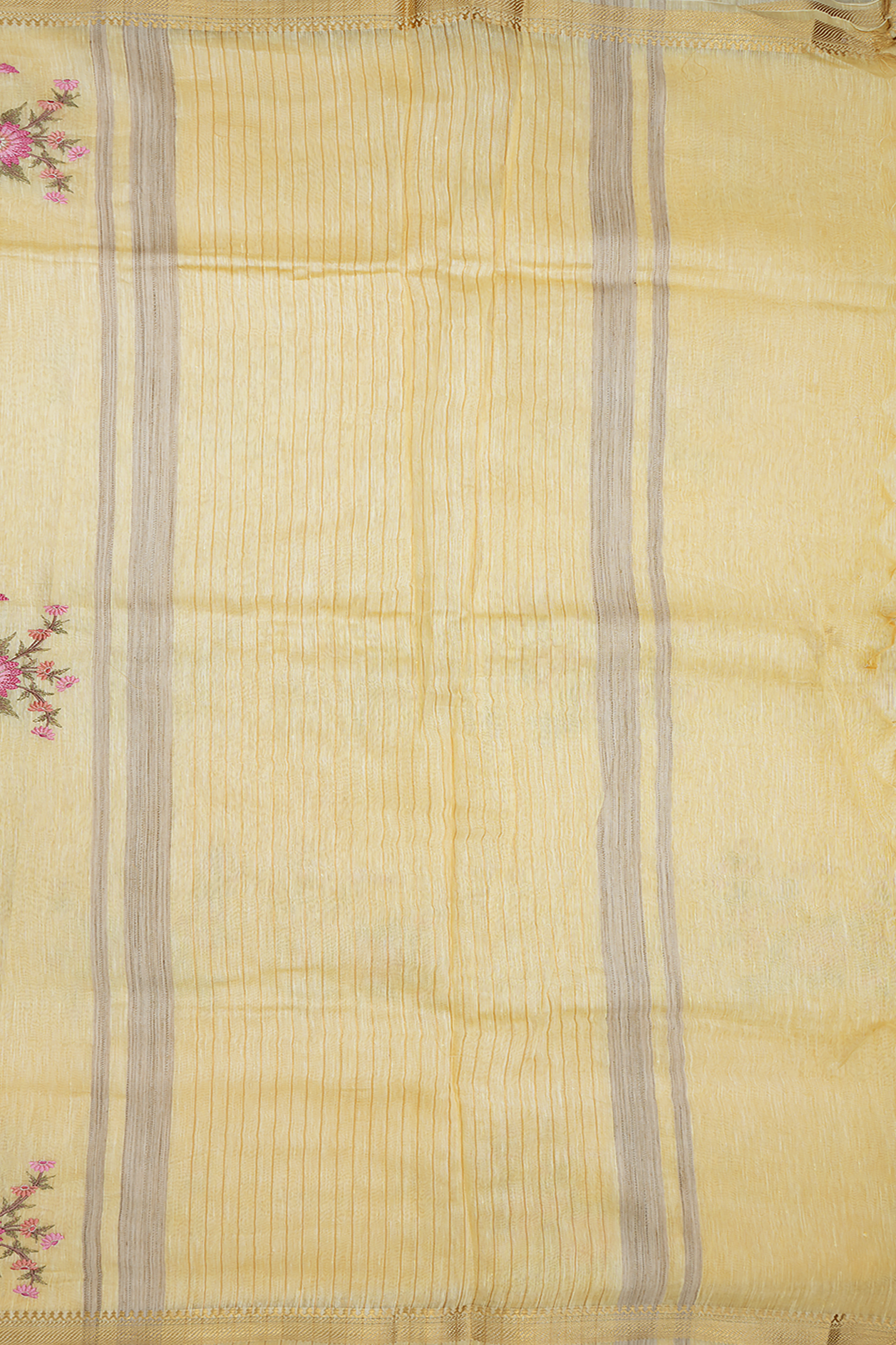 Floral Embroidered Design Pastel Yellow Linen Saree