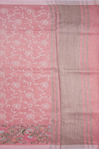 Floral Embroidered Design Peach Pink Linen Saree