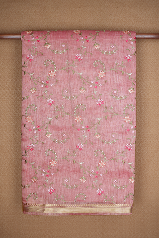 Floral Embroidered Design Pink Linen Saree