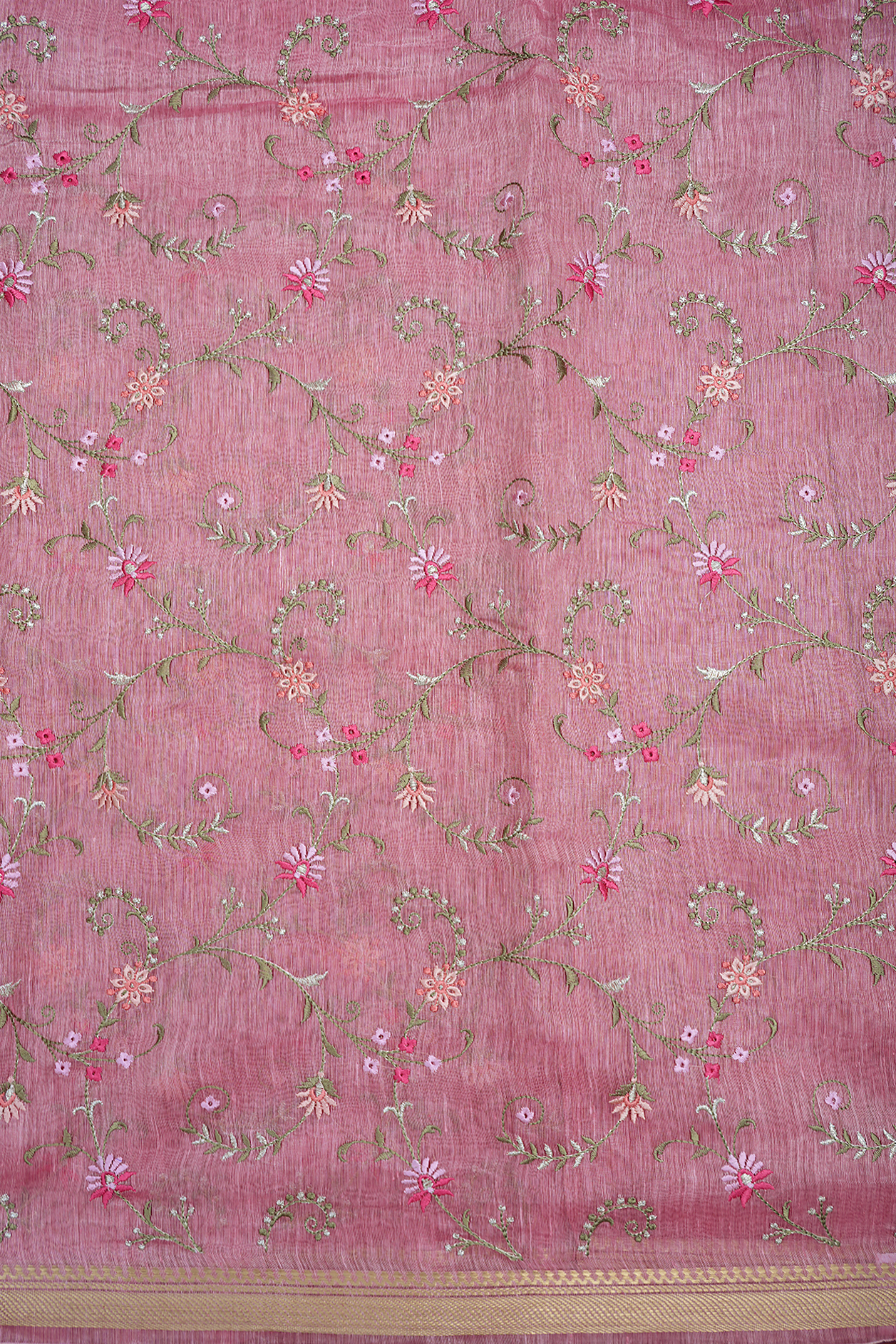 Floral Embroidered Design Pink Linen Saree
