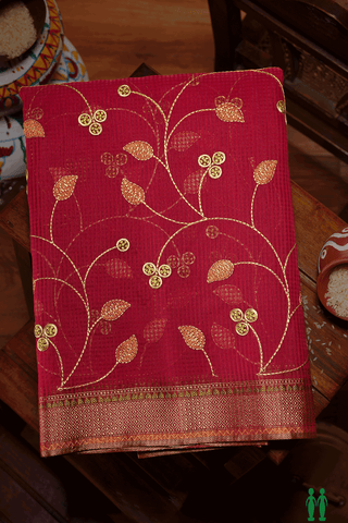 Floral Embroidered Design Scarlet Red Kota Cotton Saree