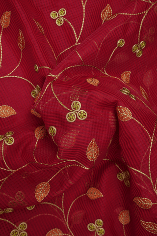 Floral Embroidered Design Scarlet Red Kota Cotton Saree