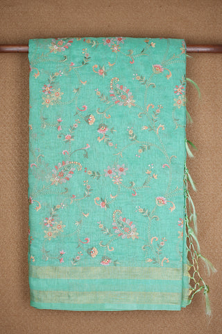 Floral Embroidered Design Sea Green Linen Saree