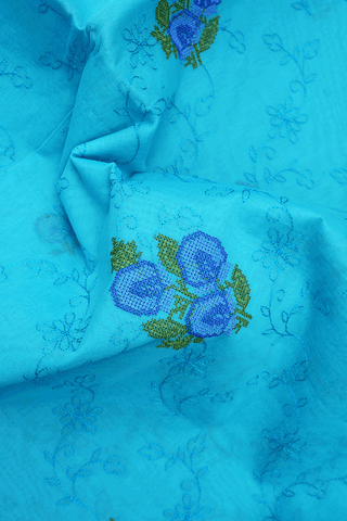 Floral Embroidered Design Sky Blue Ahmedabad Cotton Saree