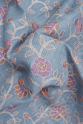 Floral Embroidered Design Steel Blue Kota Cotton Saree