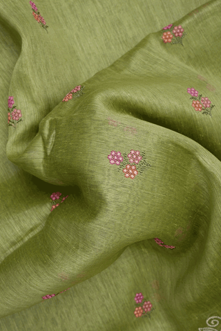 Floral Embroidered Motifs Moss Green Linen Saree