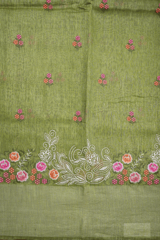Floral Embroidered Motifs Moss Green Linen Saree