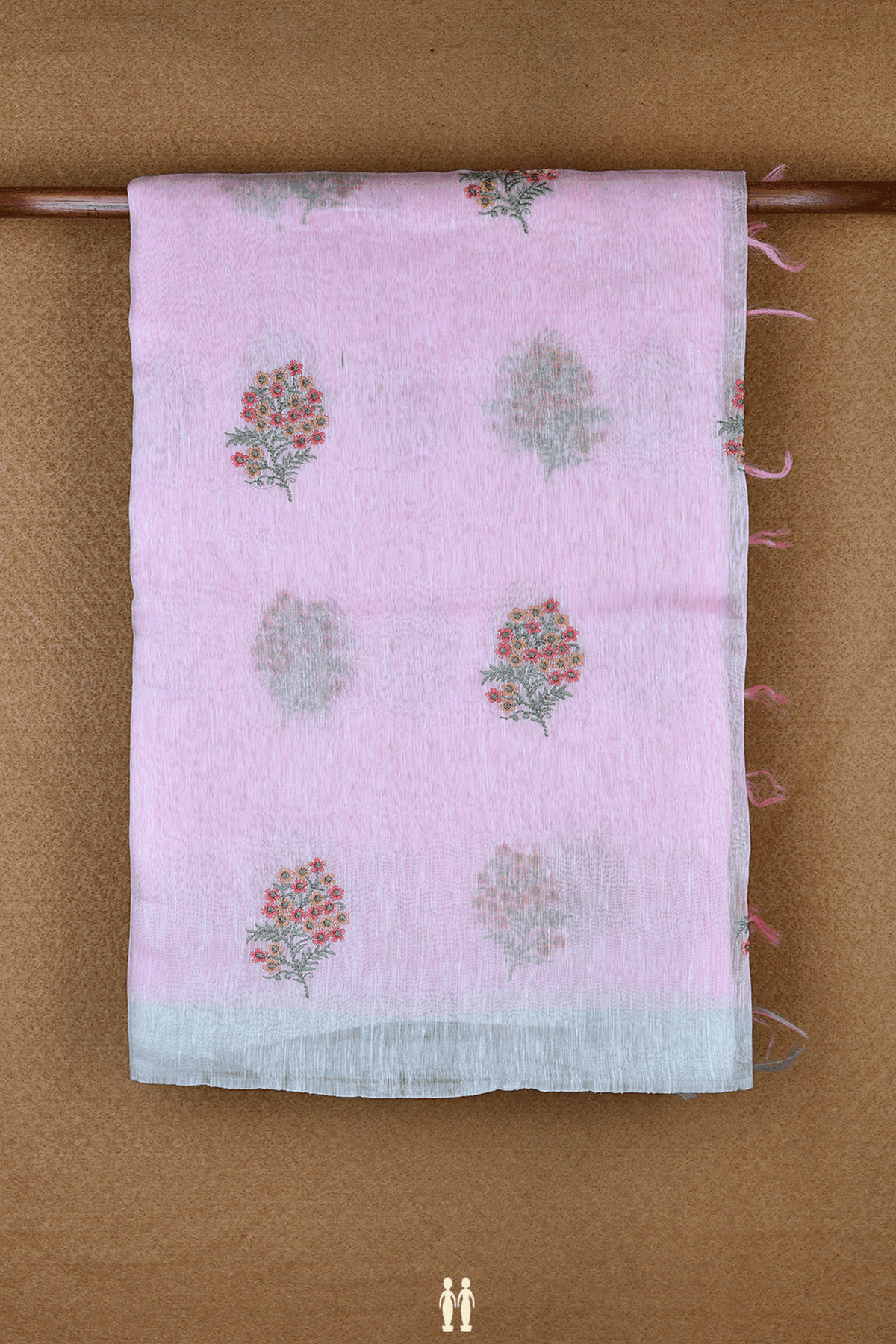 Floral Embroidered Motifs Pastel Pink Linen Saree