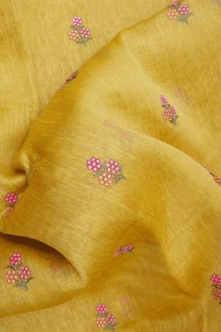 Floral Embroidered Motifs Royal Yellow Linen Saree