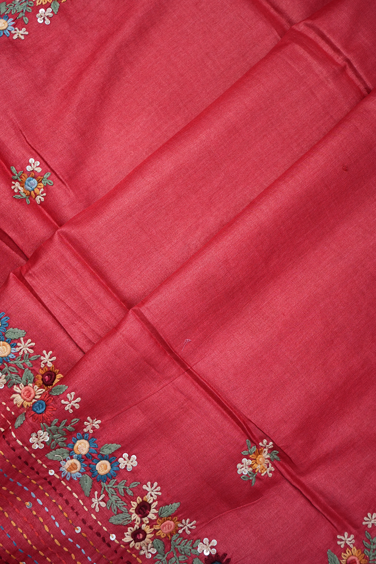 Floral Embroidered Motifs Soft Red Tussar Silk Saree