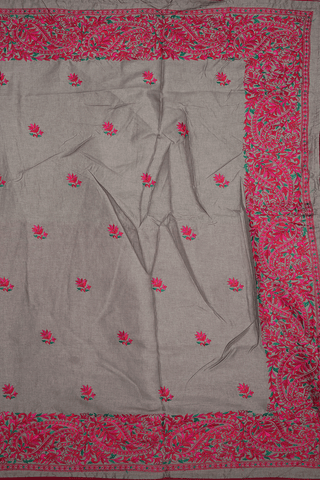 Floral Embroidery Buttas Taupe Brown Semi Tussar Silk Saree