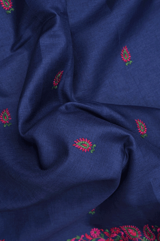 Floral Embroidery Motifs Navy Blue Semi Tussar Silk Saree