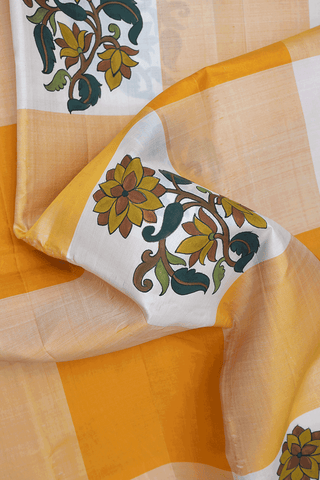 Floral Hand Painted White And Yellow Kanchipuram Silk Saree