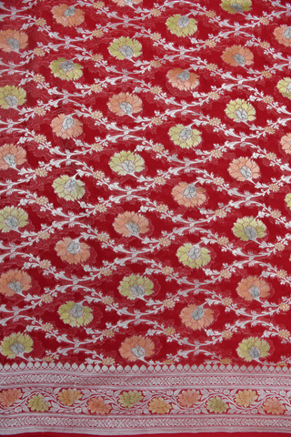 Floral Jaal Design Cherry Red Georgette Banarasi Silk Saree