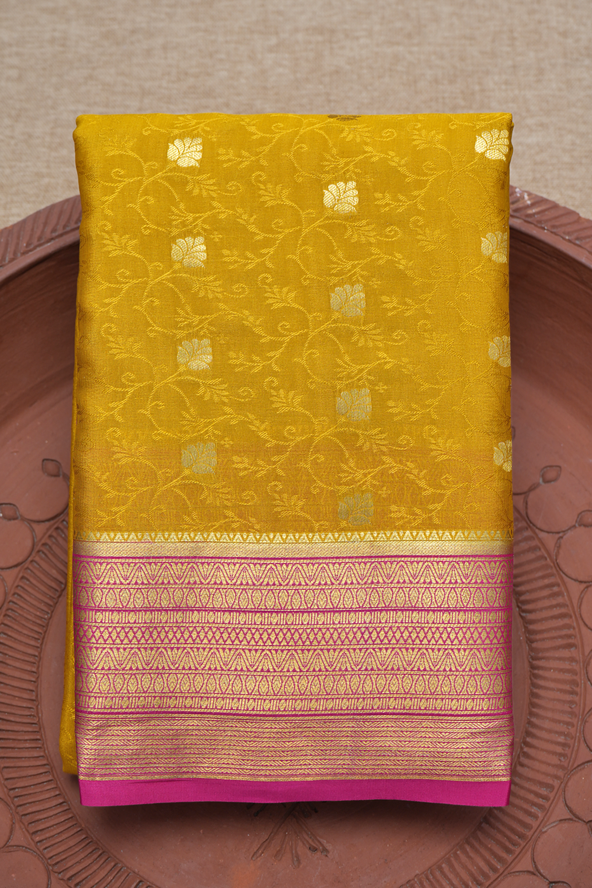 Floral Jaal Design Golden Yellow Mysore Silk Saree