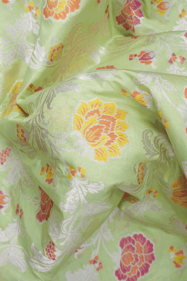 Allover Floral Jaal Design Pastel Green Banarasi Silk Saree