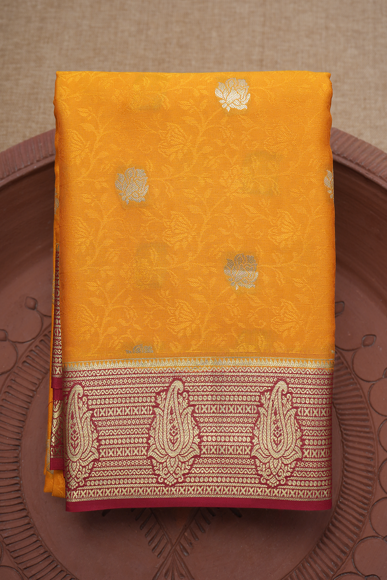 Floral Jaal Design Saffron Yellow Mysore Silk Saree